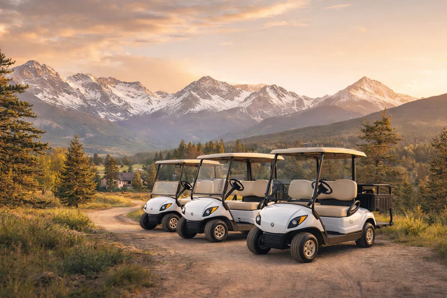 Golf carts with Rocky Mountain backdrop