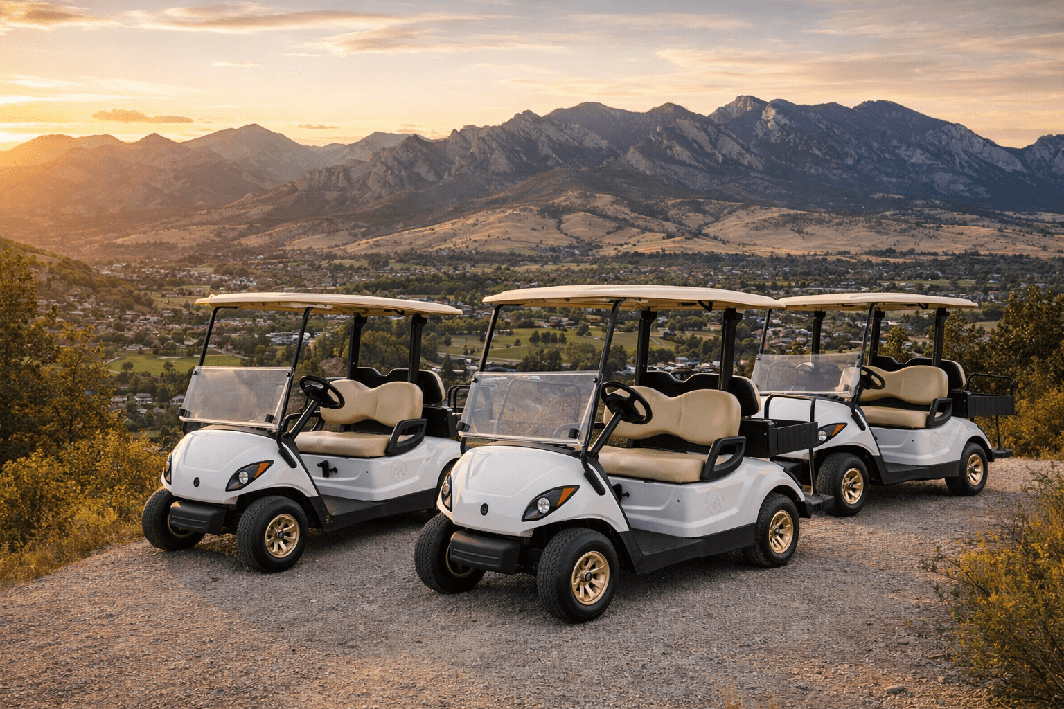 Golf carts with Rocky Mountain backdrop