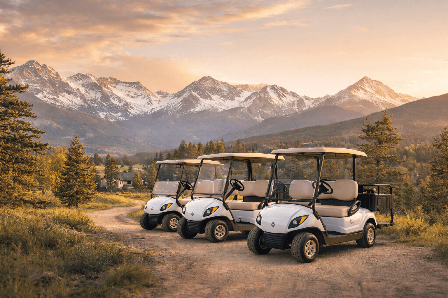 Golf carts with Rocky Mountain backdrop